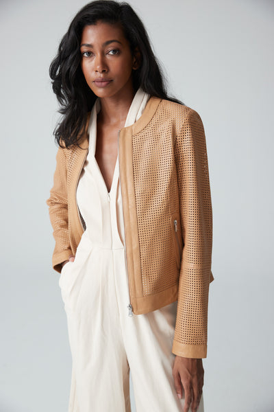 Perforated Leather Moto Jacket in Tan