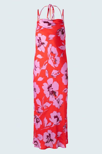 Printed Slip Dress with Cowl Neck in Satin Pink Floral