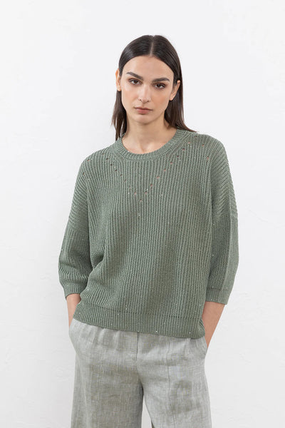 Pure Cotton Cordonnet & Mini-Sequin Sweater in Lagoon Green