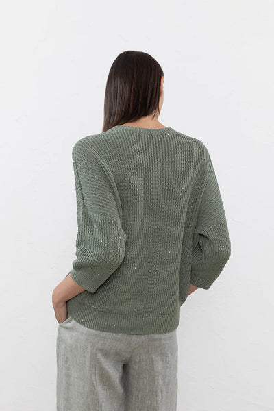 Pure Cotton Cordonnet & Mini-Sequin Sweater in Lagoon Green