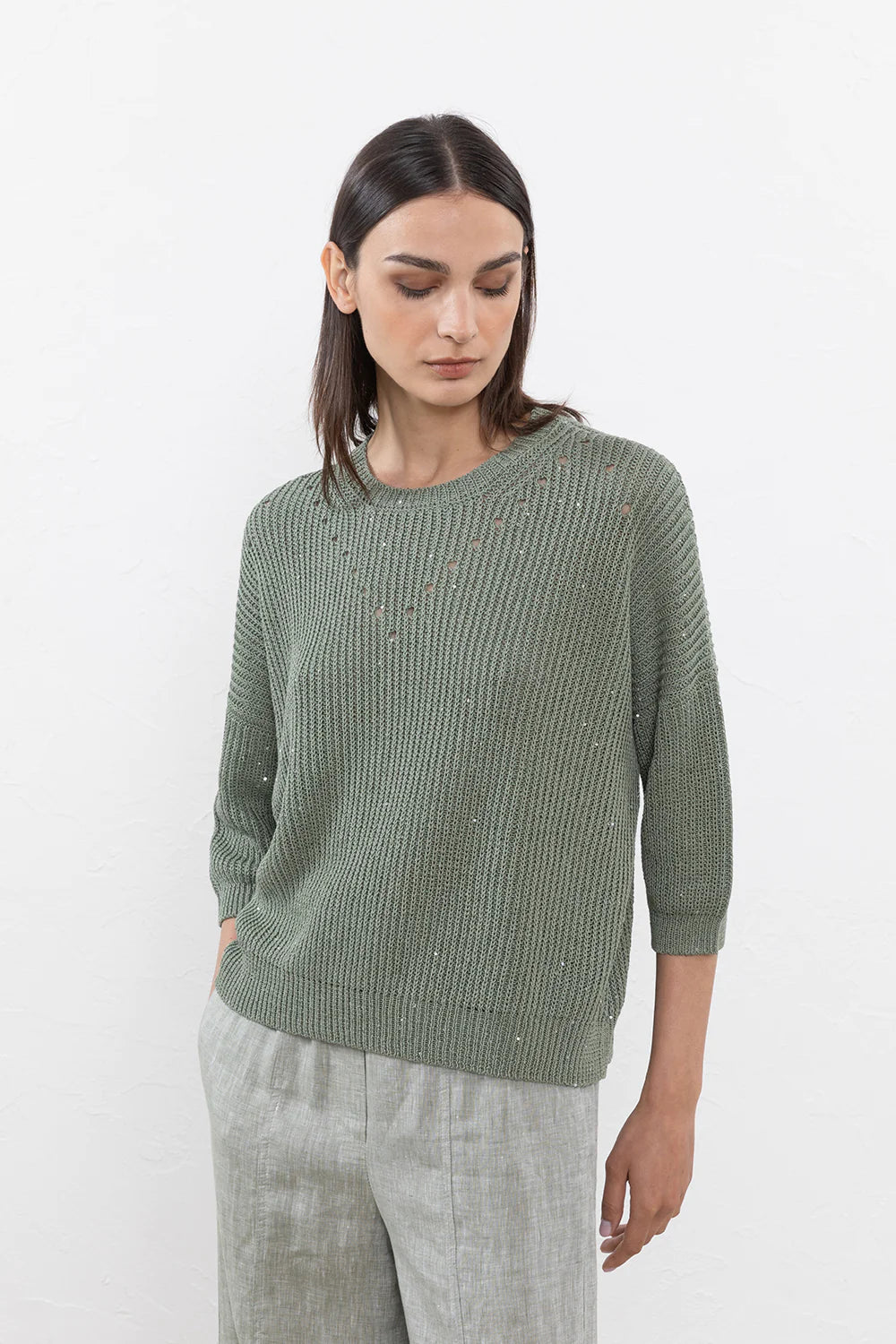 Pure Cotton Cordonnet & Mini-Sequin Sweater in Lagoon Green