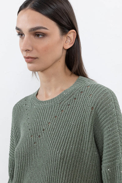 Pure Cotton Cordonnet & Mini-Sequin Sweater in Lagoon Green