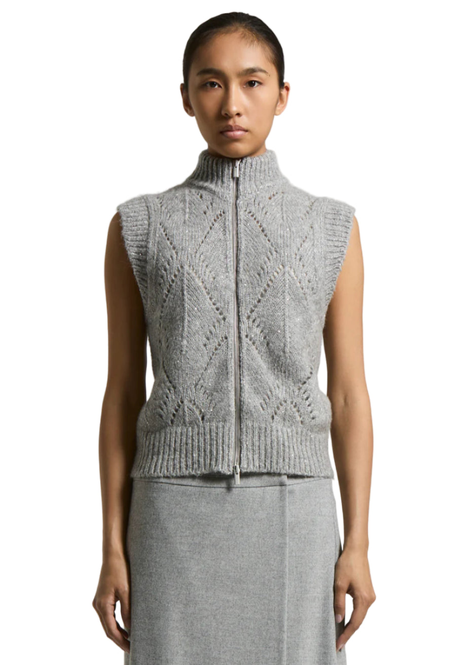 Alpaca-Blend Knit Zip Vest in Stone Grey