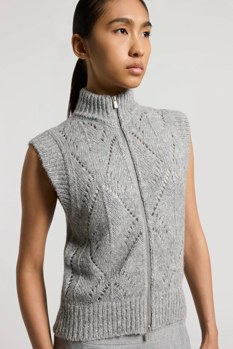 Alpaca-Blend Knit Zip Vest in Stone Grey