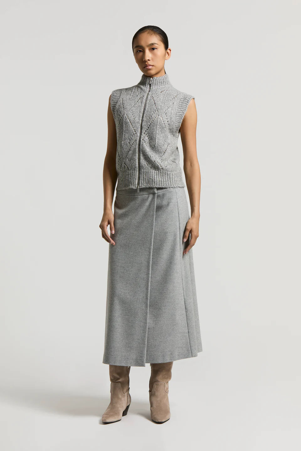 Alpaca-Blend Knit Zip Vest in Stone Grey