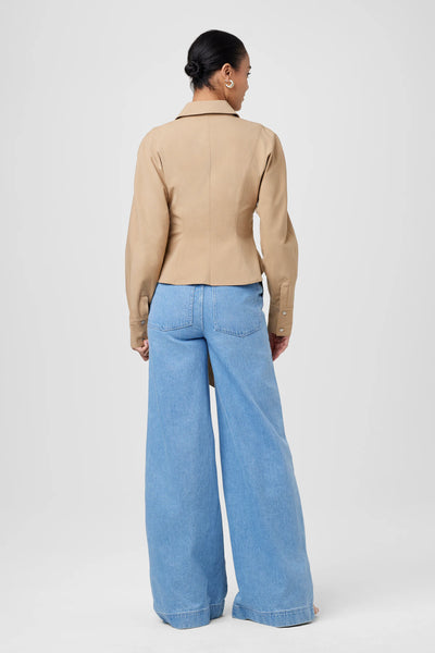 Mina Seamed Tie-Front Poplin Button Down in Latte