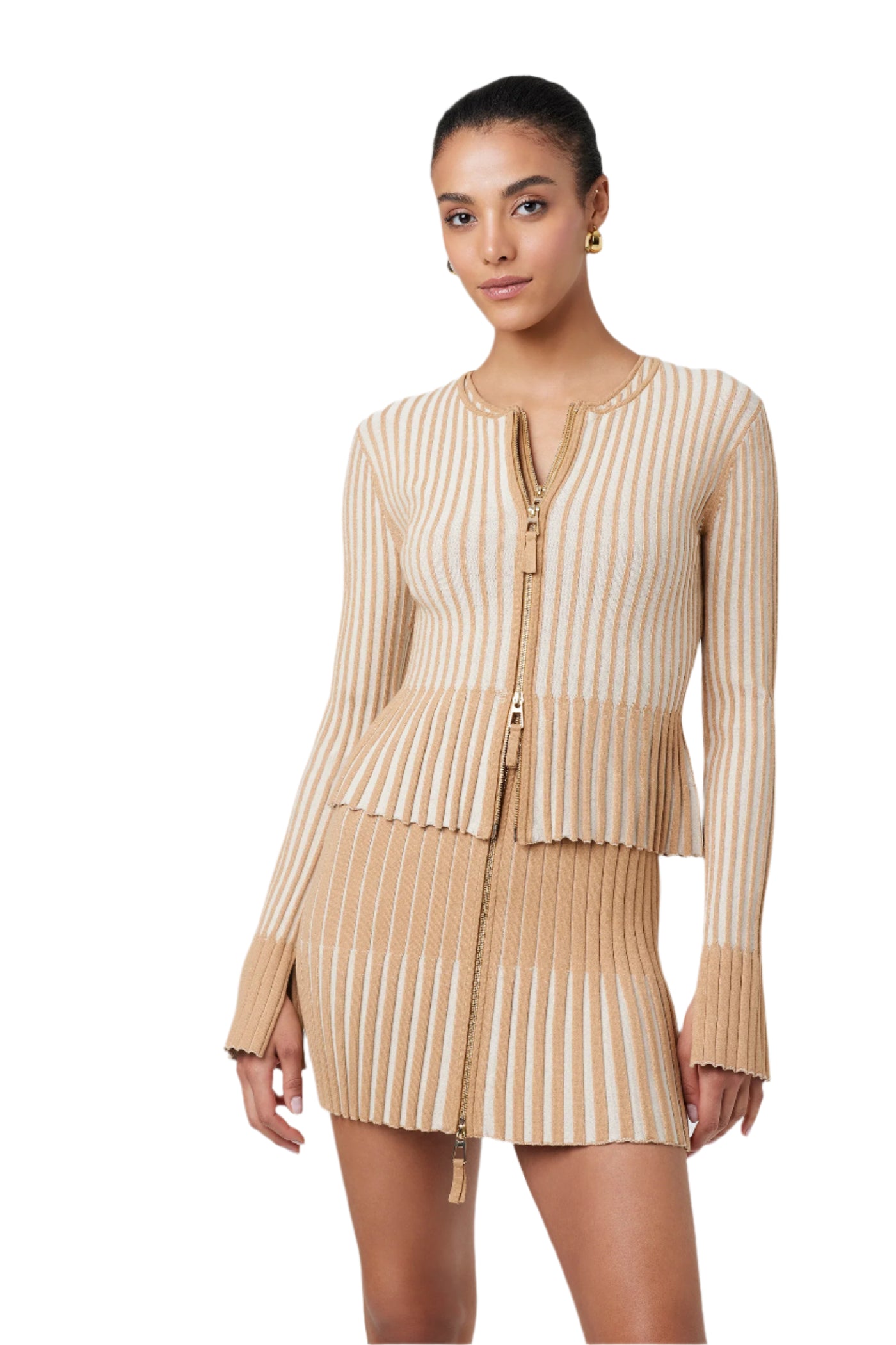 Priscilla Zip Front Cardigan in French Brown/Parchment