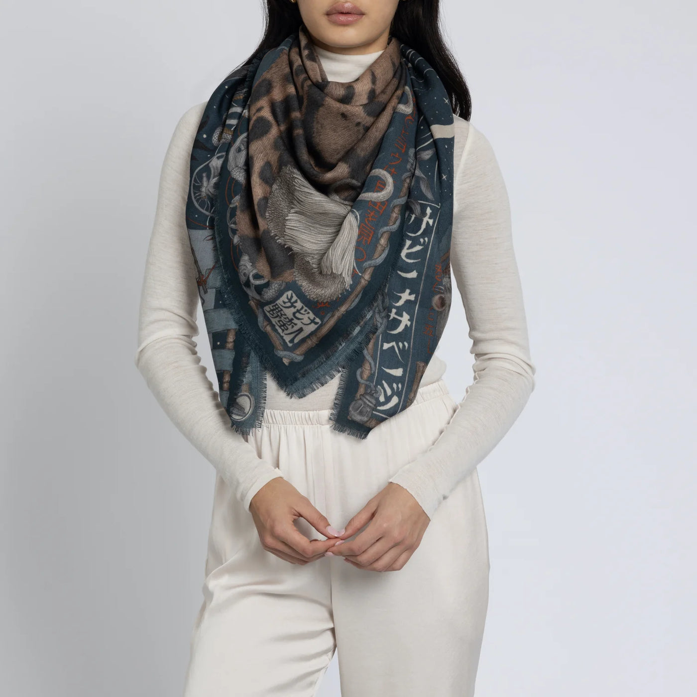 The Lunar Leopard Wool Silk Twill Shawl 135 in Winter/Flint
