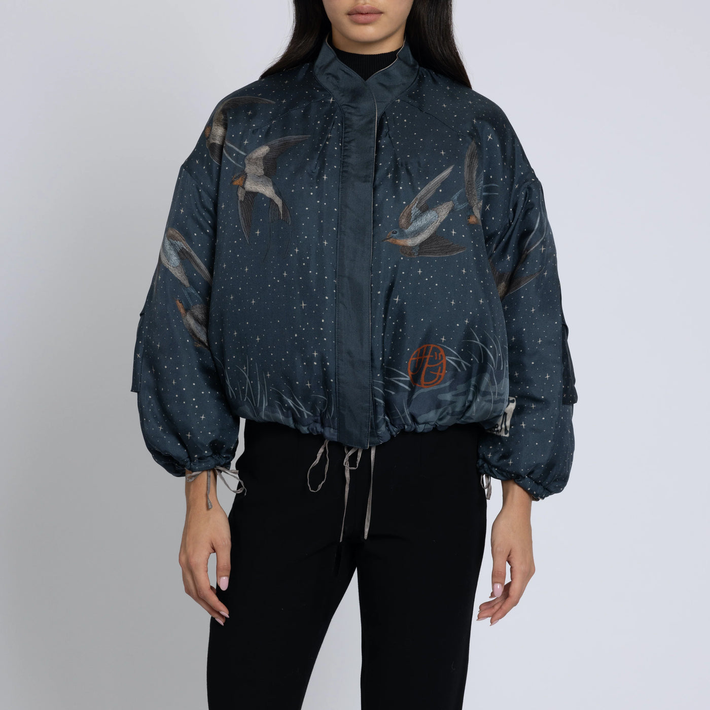 The Lunar Leopard Reversible Silk Twill Bomber Jacket in Champagne/Soot