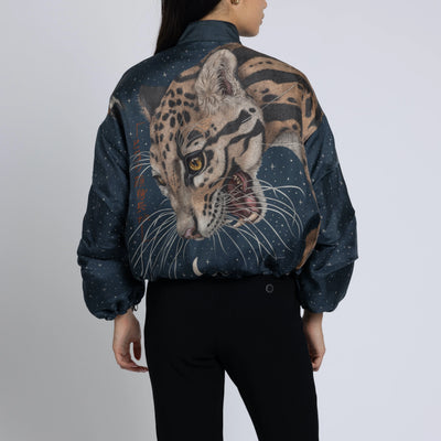 The Lunar Leopard Reversible Silk Twill Bomber Jacket in Champagne/Soot