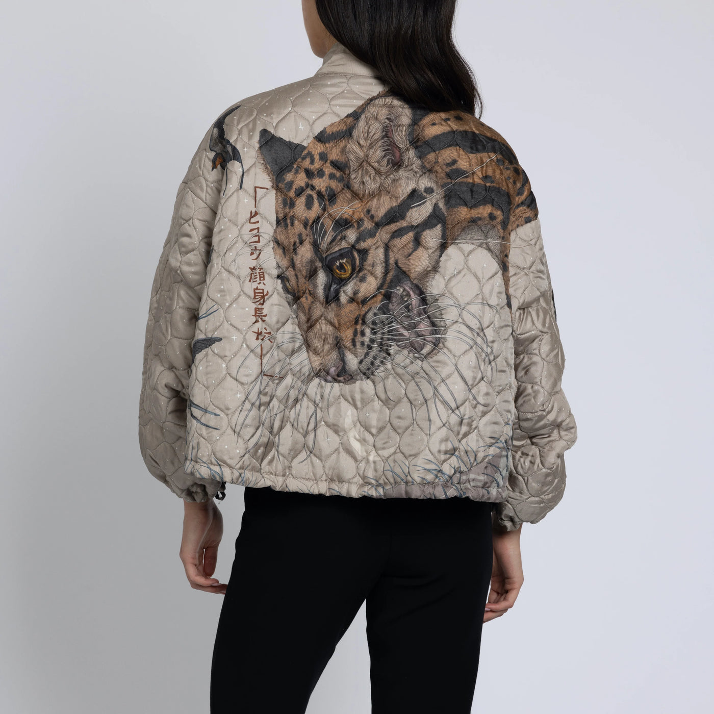 The Lunar Leopard Reversible Silk Twill Bomber Jacket in Champagne/Soot
