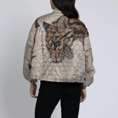 The Lunar Leopard Reversible Silk Twill Bomber Jacket in Champagne/Soot