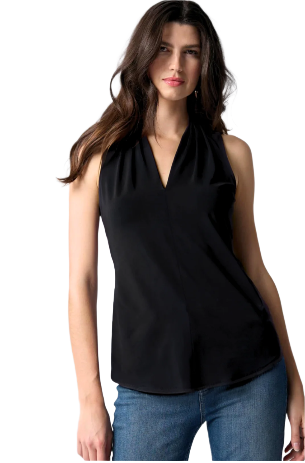 Matte Jersey Sleeveless Pleated V-Neck Top - Black