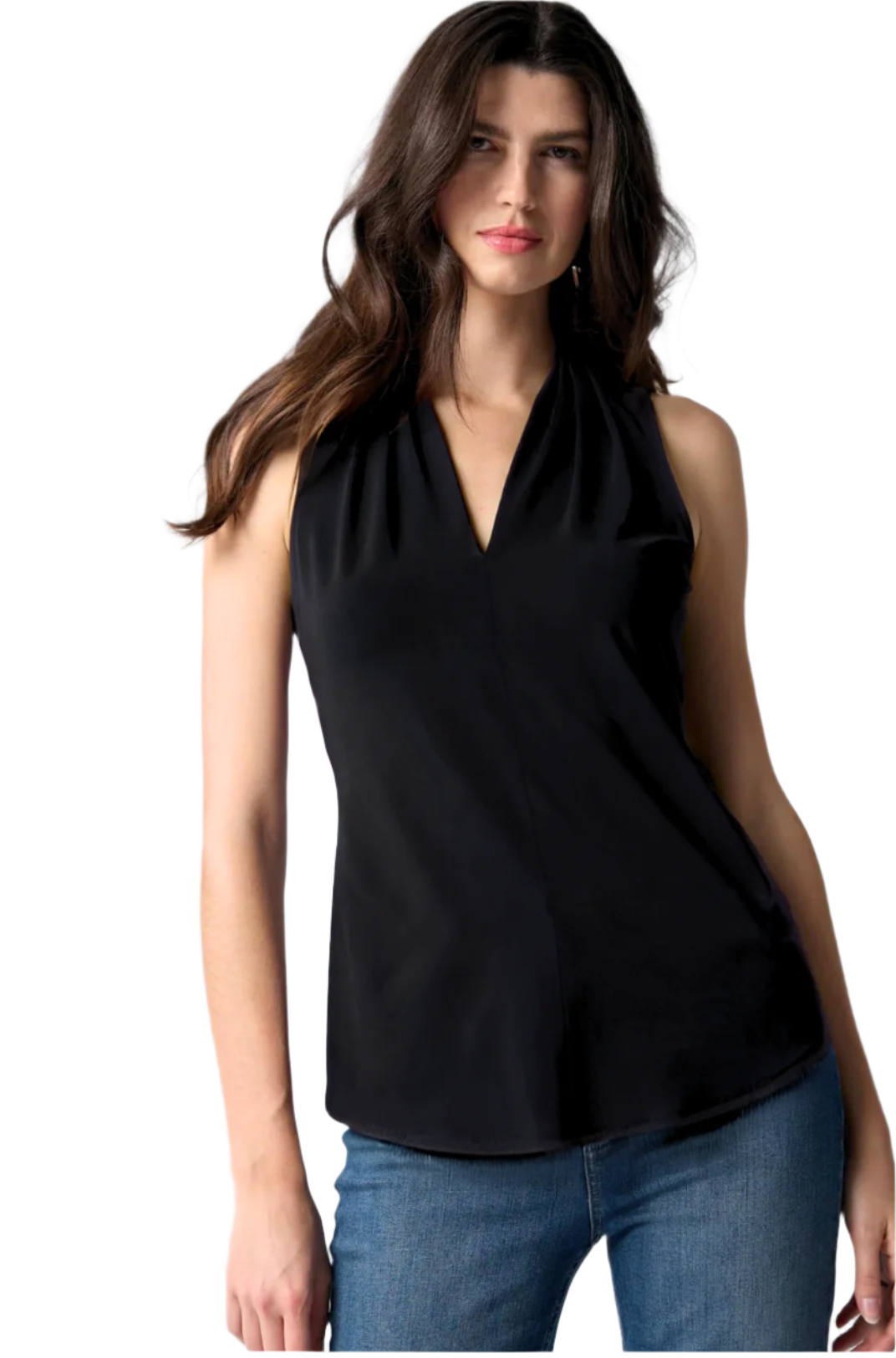 Matte Jersey Sleeveless Pleated V-Neck Top in Black