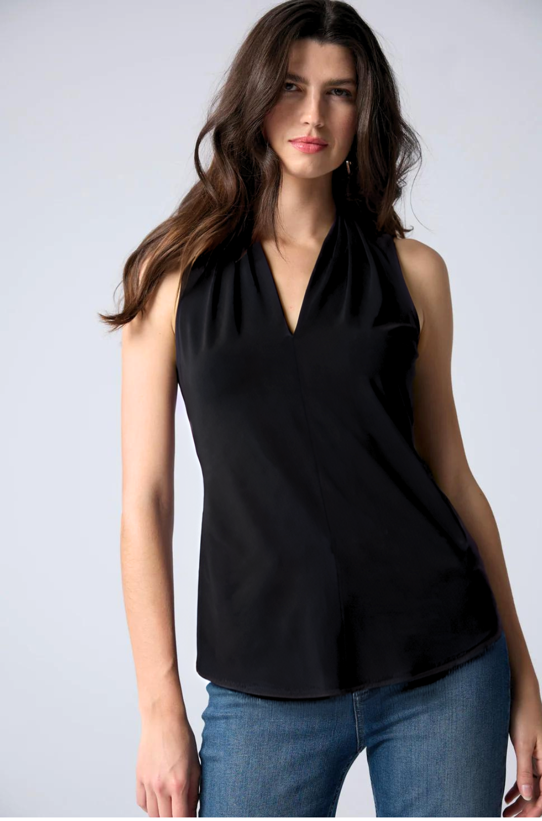 Matte Jersey Sleeveless Pleated V-Neck Top in Black