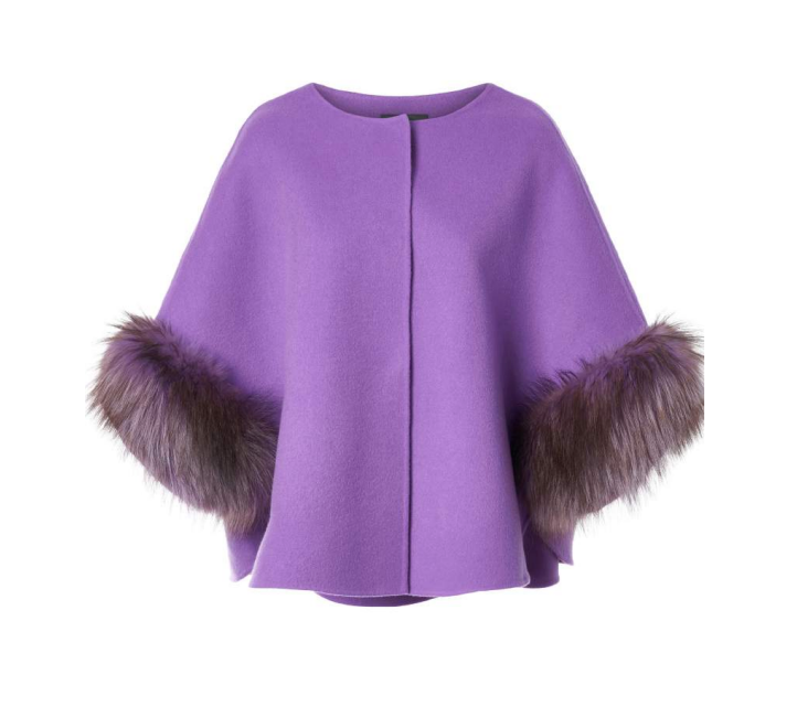 Short Swing Jacket With Capelet With Dyed Silver Fox Slvs Double Face Wool & Cashmere Purple