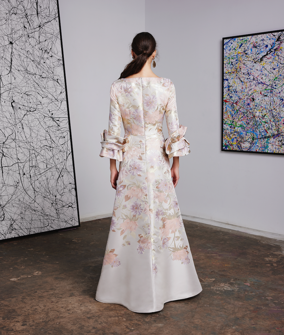 Floral Metallic Jacquard Gown in Sand Pink