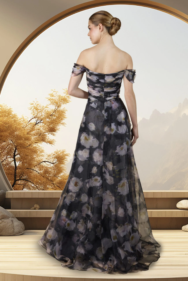 Off-Shoulder Gown in Black Floral Black / 10 / w4017 Off-Shoulder Gown in Black Floral Black / 10 / w4017