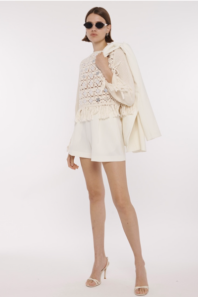 Camilla Mirror Long Sleeve Fringe Top in Ivory