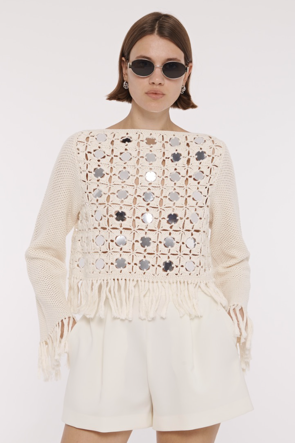 Camilla Mirror Long Sleeve Fringe Top in Ivory