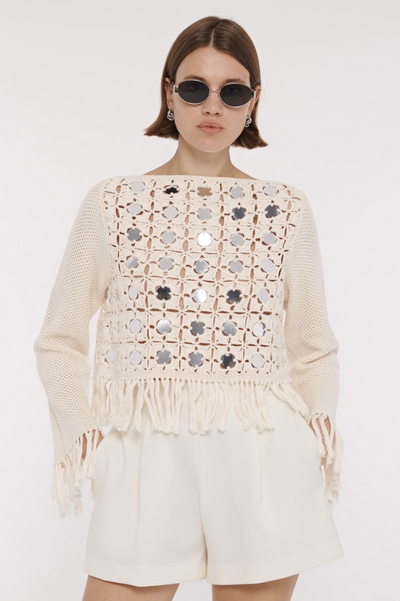 Camilla Mirror Long Sleeve Fringe Top in Ivory