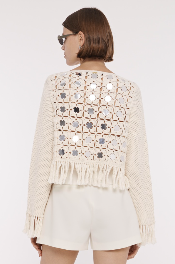 Camilla Mirror Long Sleeve Fringe Top in Ivory