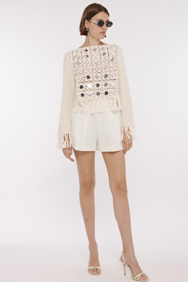 Camilla Mirror Long Sleeve Fringe Top in Ivory