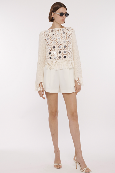 Camilla Mirror Long Sleeve Fringe Top in Ivory