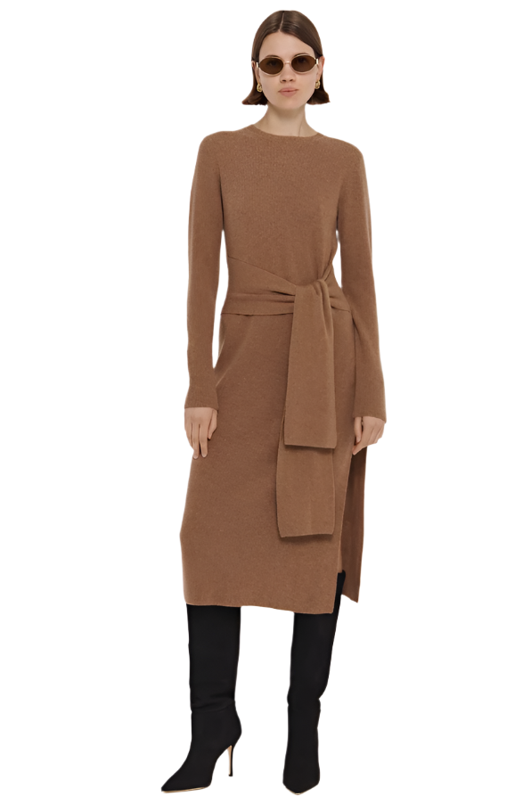 Blakely Crew Neck Tie Front Knit Dress in Tawney