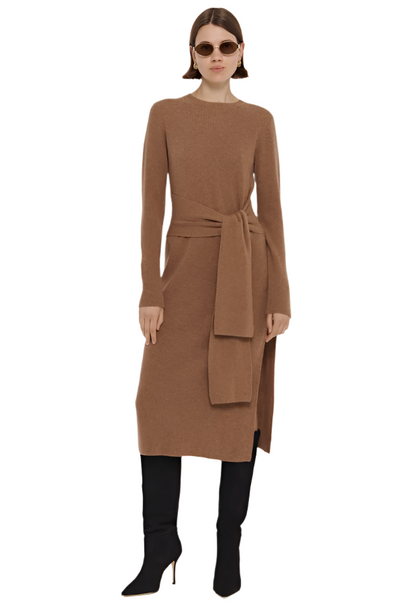 Blakely Crew Neck Tie Front Knit Dress in Tawney