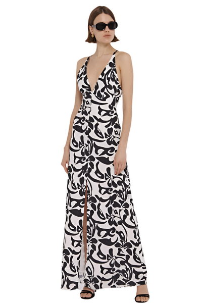 Aubrey Cami V-Neck Silky Satin Slip Dress in Jet/Optic
