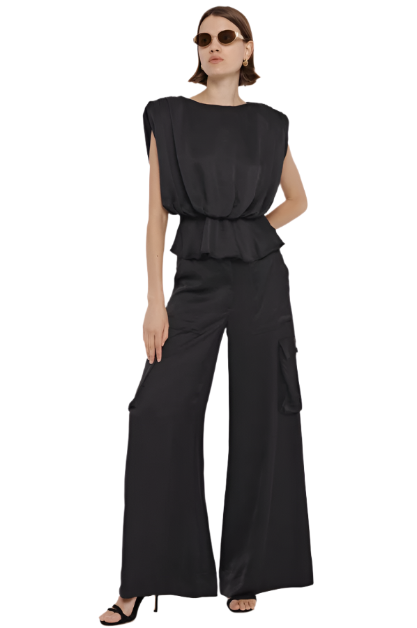 Maia Silky Satin Cargo Pants in Jet