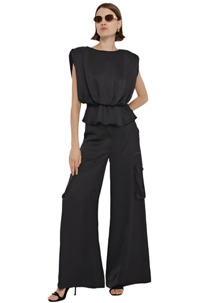 Maia Silky Satin Cargo Pants in Jet
