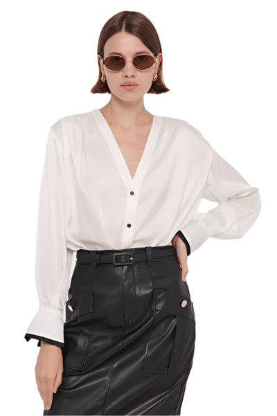 Harmony Double Cuff V-Neck Blouse in Ivory