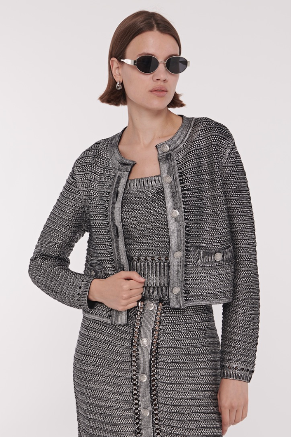 Cecilia Textured Cotton Knit Jacket in Jet/Silver Foil