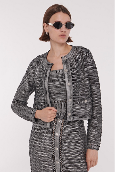 Cecilia Textured Cotton Knit Jacket in Jet/Silver Foil