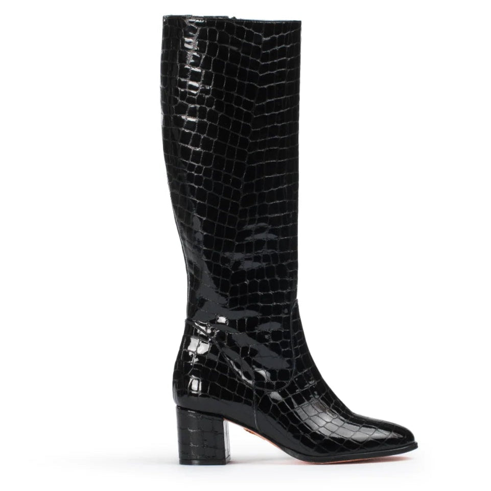 Black knee-high boot with crocodile pattern on a white background