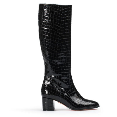 Black knee-high boot with crocodile pattern on a white background