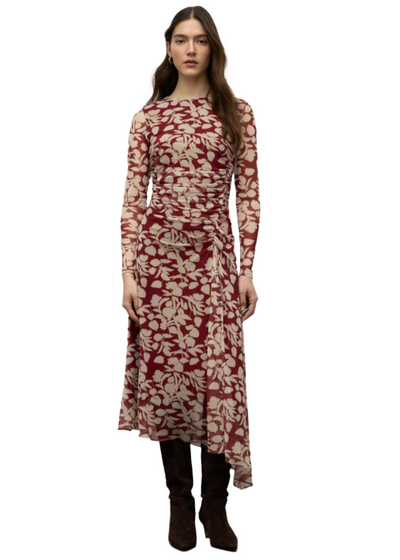 Printed Mesh Asymmetric Dress in Cherry Red/Bone