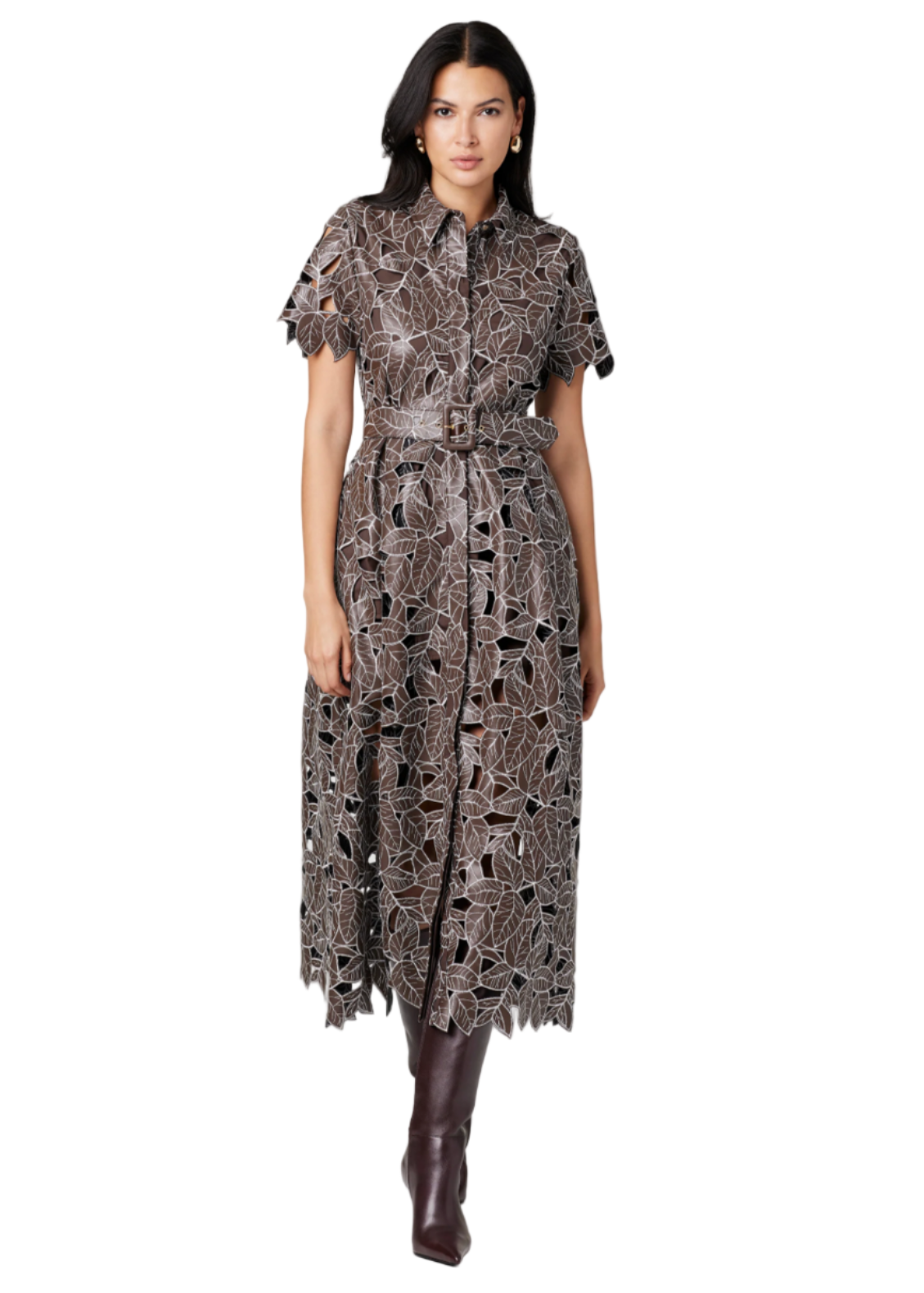 Luisa Embroidered Leather Dress in Espresso