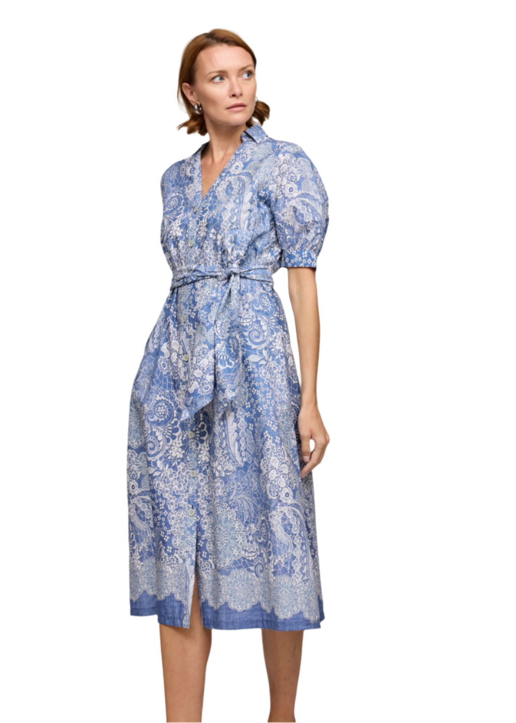 Elbow Sleeve Luca Dress in Blue/Ecru