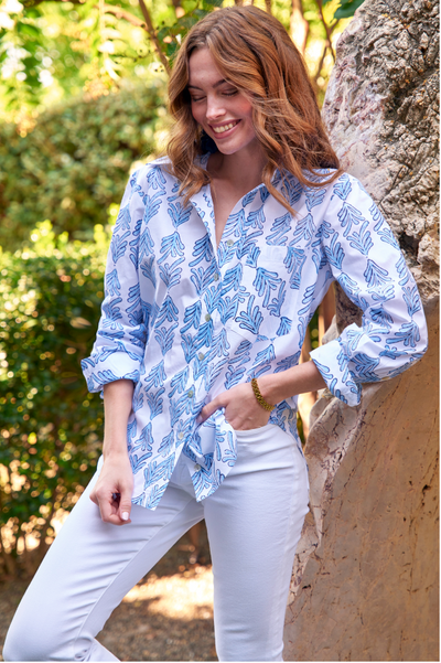 Andie Mended Top in Blue Palmetto Print