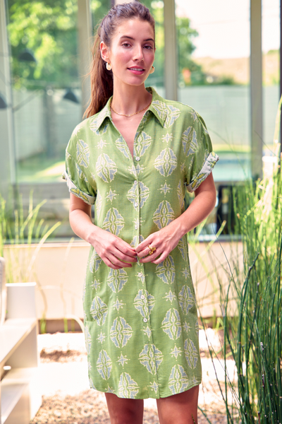Roll Sleeve Ethnic Jacquard Camp Dress in Green