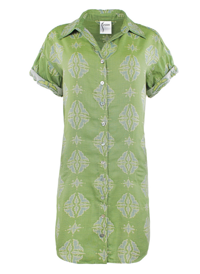 Roll Sleeve Ethnic Jacquard Camp Dress in Green