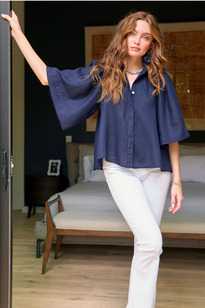 Collin Cape Shirt in Navy Washed Linen