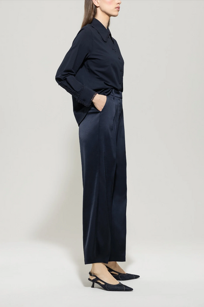 Satin Wide-Leg Pants in Dark Blue