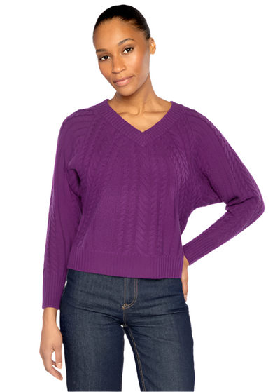 Diagonal Cable V-Neck Sweater in Violet