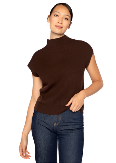 Rib Cap Sleeve Mock Neck in Chocolate