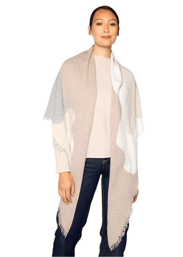 Intarsia Fringe Wrap in Taupe Multi