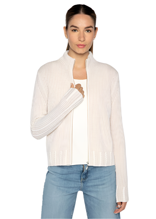 Rib Zip Mock Cardigan in Dune/Ivory
